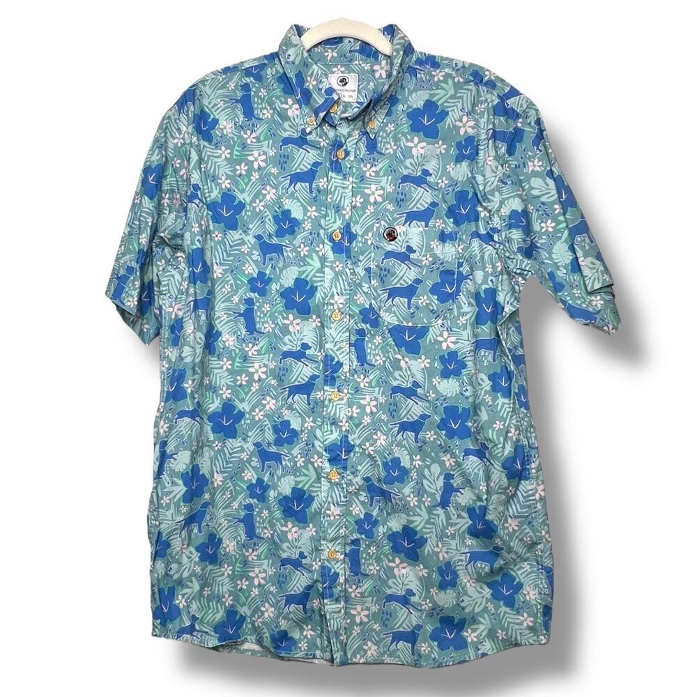 Men's Blue Southern Proper Hawaiian Dog Button Down Short Sleeve Shirt Large